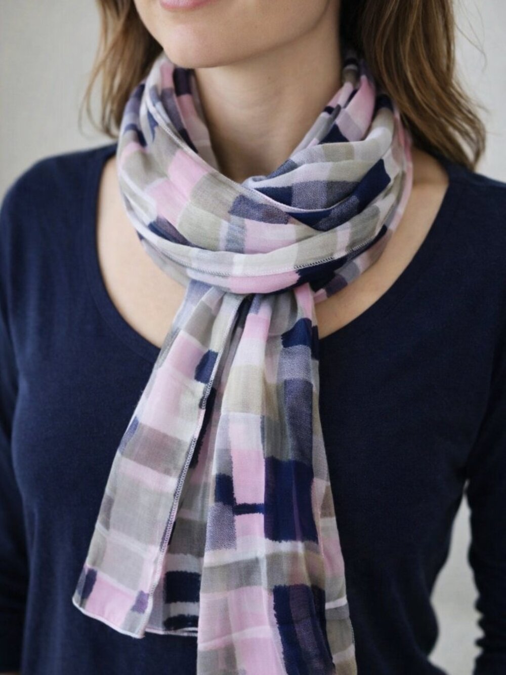 Navy, Pink, Sage Green Geometric/Checkered Silky Scarf (Bundle any 3/$15)